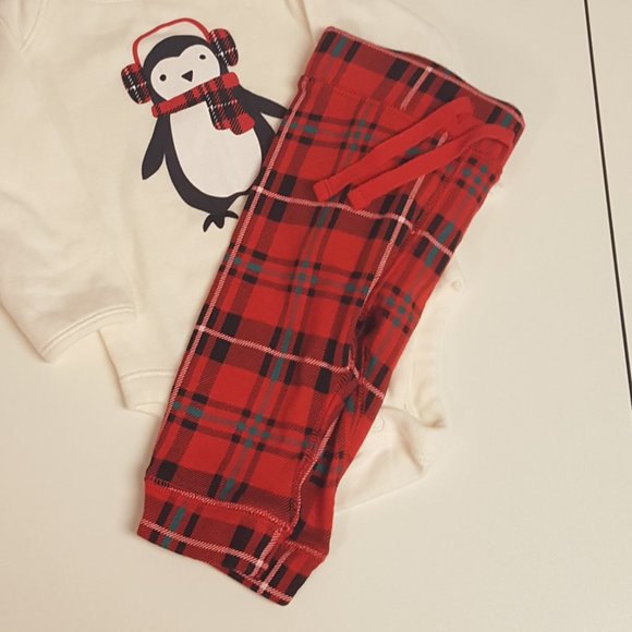 Old Navy Winter Penguin Red Plaid Onesie Set - Picture 6 of 6